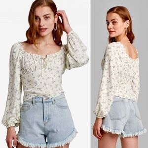 NWT Wild Fable Ivory & Blue Floral Peasant Smocked Tie Front Crop Top Target LG